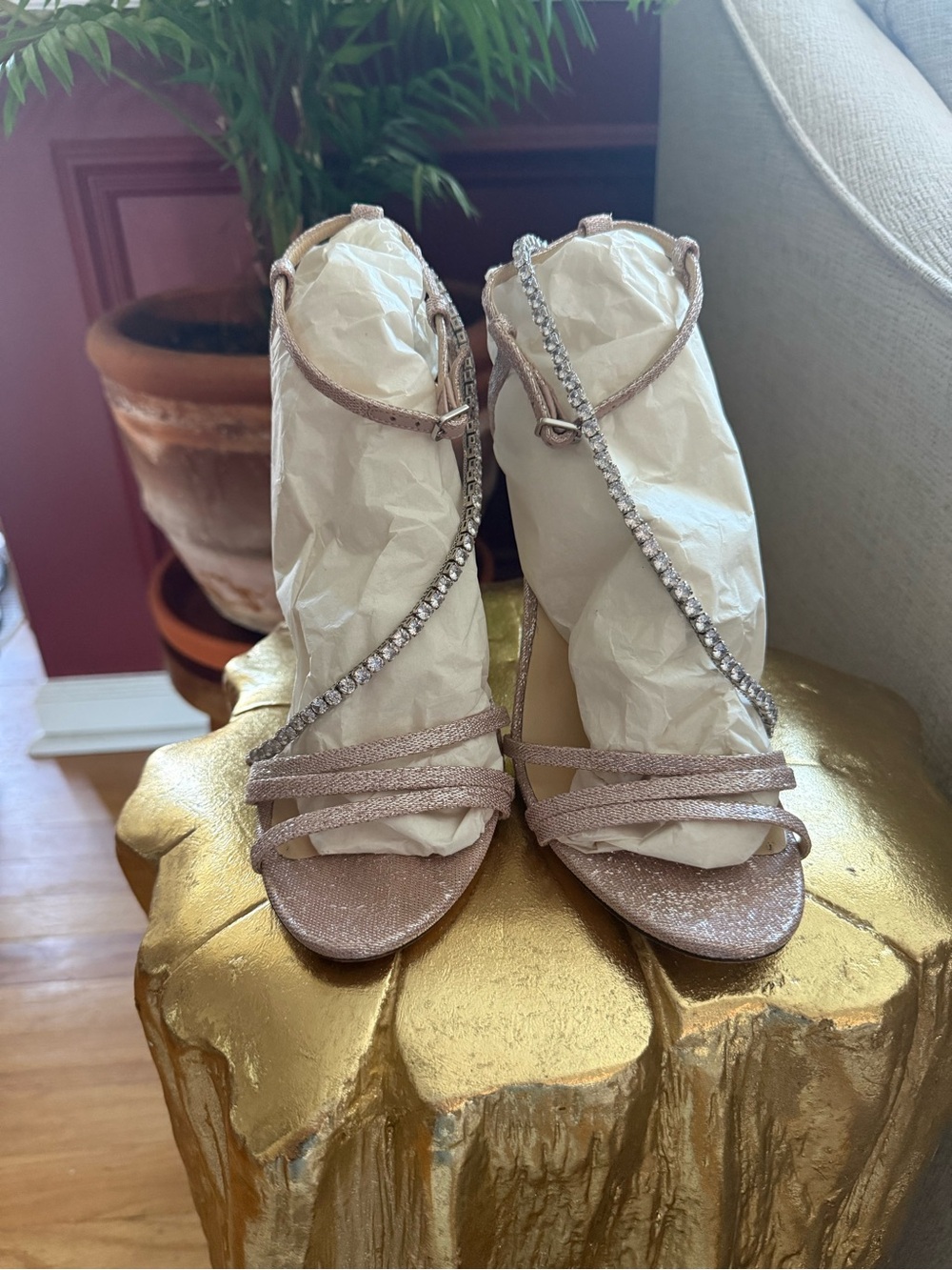 Jimmy Choo Rose Gold Glitter Strappy Heels with Crystal Trim